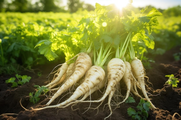 Brudne organiczne korzenie pietruszki w miękkim mglistym świetle