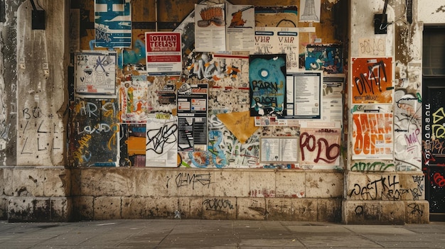 Brudne ściany pełne plakatów i graffiti wygenerowanych przez sztuczną inteligencję.