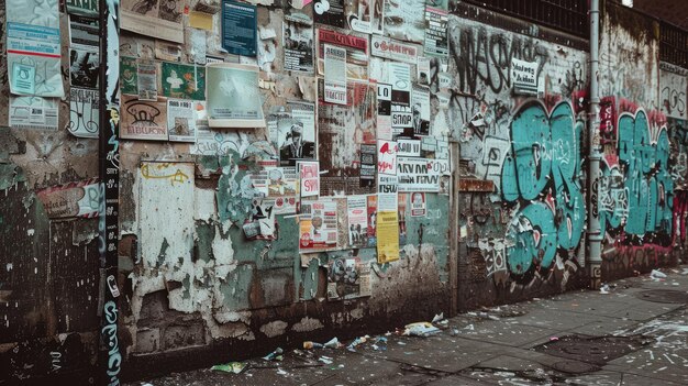 Brudne ściany pełne plakatów i graffiti wygenerowanych przez sztuczną inteligencję.