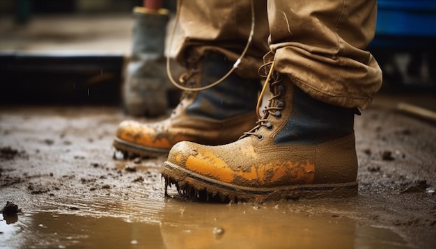 Brudne skórzane buty turystyczne chronią męskie stopy w mokrej naturze generowanej przez sztuczną inteligencję