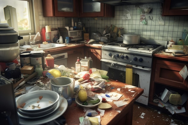 Brudny chaos w kuchni Generuj Ai