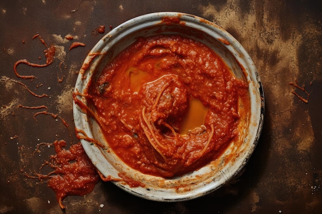 Zdjęcie brudny talerz po spaghetti z sosem pomidorowym
