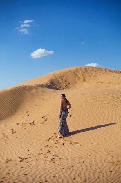 Brunetka kobieta w długiej sukience w panterkę stoi plecami na pustyni o zachodzie słońca jedzie wszędzie