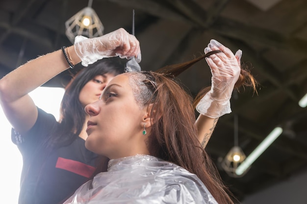 Brunetka stylistka dokładnie farbuje włosy klientki, gdy siedzi na krześle w gabinecie kosmetycznym