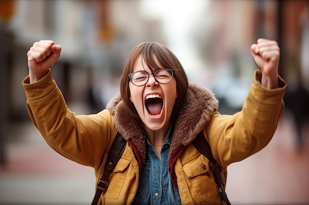 Brunetka z zespołem Downa nosząca zwykłe ubrania i okulary bardzo szczęśliwa i podekscytowana robiąca gest zwycięzcy z podniesionymi ramionami uśmiechając się i krzycząc o sukces Generative Ai