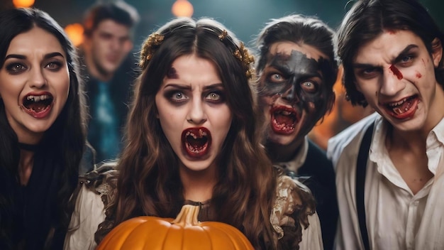 Brunetki robią śmieszne miny podczas sesji zdjęciowej na Halloween.