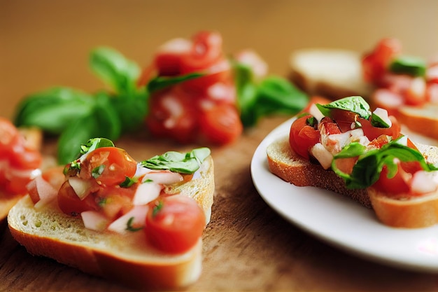 Bruschetta antipasti z serem pomidorowym i bazylią na drewnianym stole