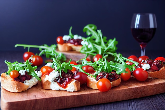 Bruschetta na chlebie z pomidorową rukolą na drewnianej tacy