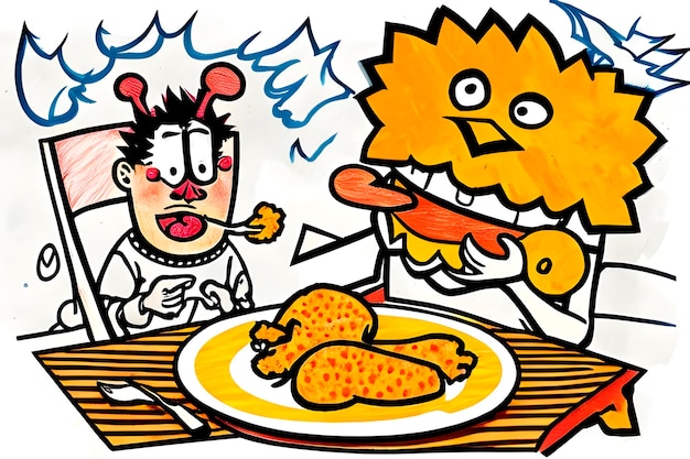 Brutalny styl postaci z kreskówek pożerających niezdrowe śmieciowe jedzenie.