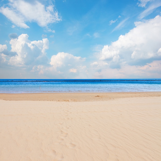 Brzeg Morza Piaszczystej Plaży Z Błękitnym Niebem