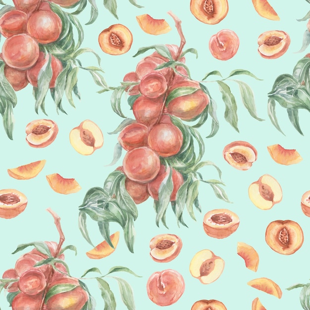 Brzoskwinie owoce akwarela ręcznie rysowane patern bezszwowe drukowanie tekstyliów. Dżem sok produkty naturalne fanatyzm natura rośliny ogród żniwa liście gałęzie