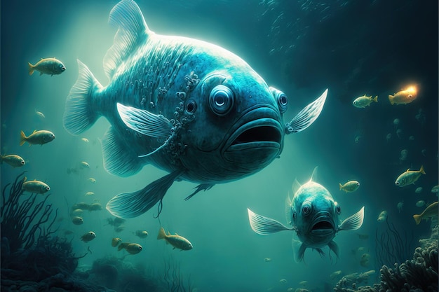 Brzydkie obce ryby pływające w mętnej wodzie stworzone za pomocą generatywnej sztucznej inteligencji