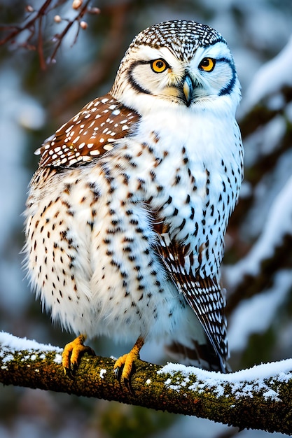 Bubo scandiacus Siedzący na gałęzi drzewa