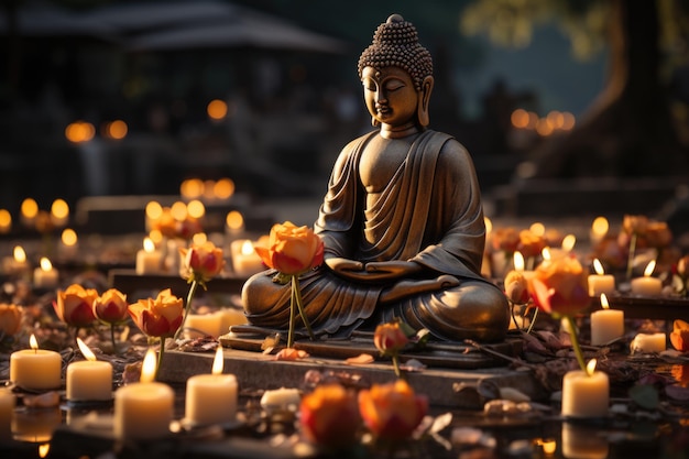 Budda Purnima Vesak Day Backdha Posąg Buddy z kwiatem lotosu i światłem świecy generatywny IA