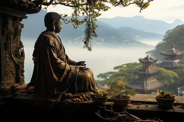 Budda siedzi w górach z lotosu i świece Tło obchodów vesak Dzień Vesak