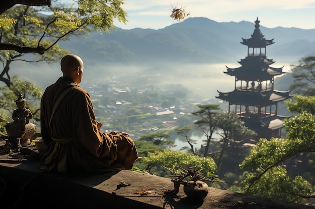 Budda siedzi w górach z lotosu i świece Tło obchodów vesak Dzień Vesak