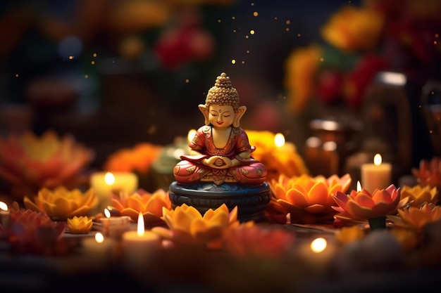 Budda siedzi w ogrodzie z lotosu i świece Tło dla obchodów festiwalu vesak Dzień Vesak