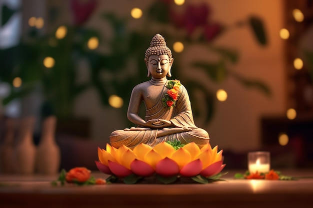 Budda siedzi w ogrodzie z lotosu i świece Tło dla obchodów festiwalu vesak Dzień Vesak