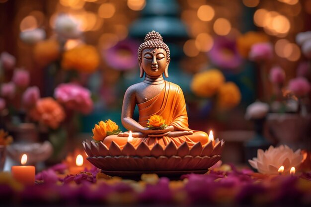 Budda siedzi w ogrodzie z lotosu i świece Tło dla obchodów festiwalu vesak Dzień Vesak