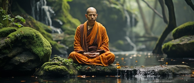 Budda w naturze siedzący na skale przy strumieniu kontemplując
