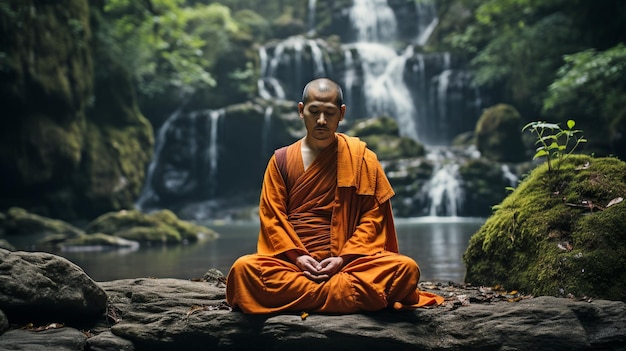 Budda w naturze siedzący na skale przy strumieniu kontemplując