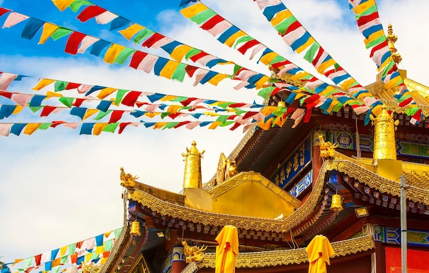 Zdjęcie buddyjskie flagi modlące się w pobliżu klasztoru w chanhai w chinach