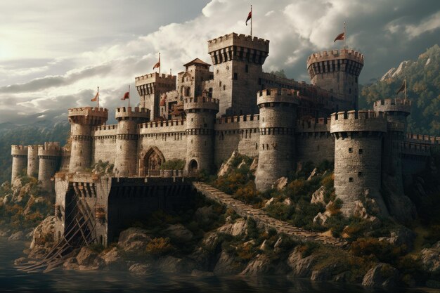 Zdjęcie budowa średniowiecznego zamku fortyfikowanego średniowieczna wieża oblężnicza widać poza murami fortyficowanego miasta ai generowane