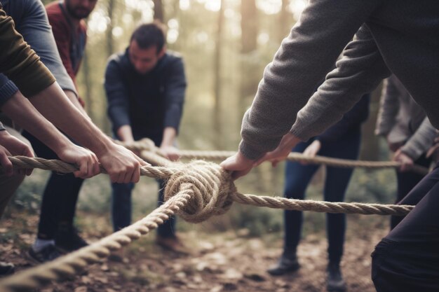 Budowanie zespołu Nierozpoznawalny mężczyzna prowadzący ćwiczenie integracyjne z linami i przeszkodami