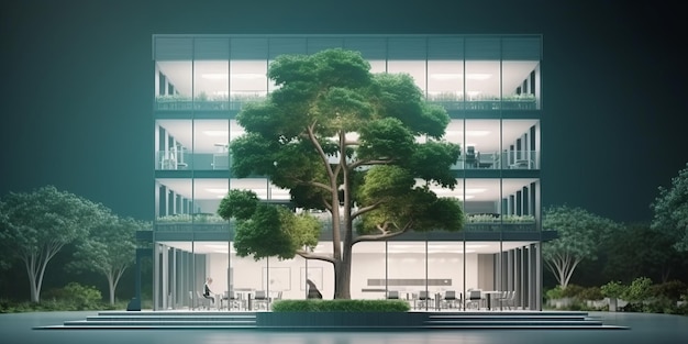 budynek biurowy z drzewem redukującym dwutlenek węgla Ekologiczne środowisko