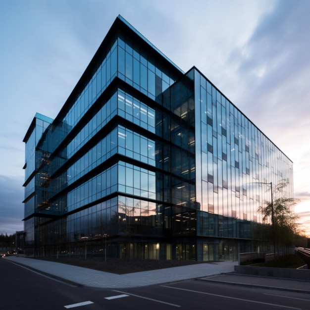 Budynek firmy usługowej to nowoczesny, wielokondygnacyjny budynek o efektownej architekturze