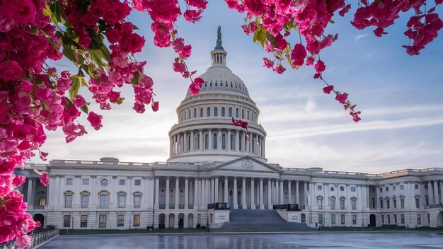 Budynek Kapitolu w Waszyngtonie, D.C. Różowe kwiaty USA