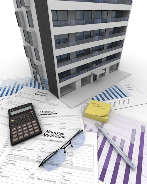 Zdjęcie budynek mieszkalny na stole z formularzem wniosku o kredyt hipoteczny, kalkulatorem, planami itp.