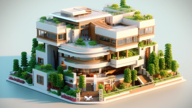 Budynek mieszkalny z nowoczesną architekturą, płaskim dachem, balkonem i krajobrazem generowanym przez sztuczną inteligencję