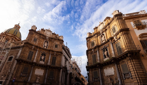 Budynek Placu Quattro Canti O Zachodzie Słońca Palermo