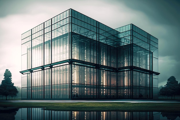 Budynek przemysłowy z dużymi szklanymi oknami wskazującymi na futurystyczną biblioteczną generatywną ai centrum danych