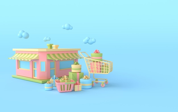 Budynek sklepu prezentuje pudełko na zakupy i koszyk chmury ilustracja renderowania 3d