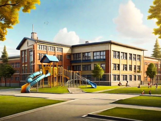 Budynek szkoły publicznej Wygląd zewnętrzny budynku szkoły z placem zabaw