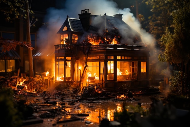 Budynek w pełnym płomieniu zniszczony Dom mieszkalny w ogniu Generatywna sztuczna inteligencja