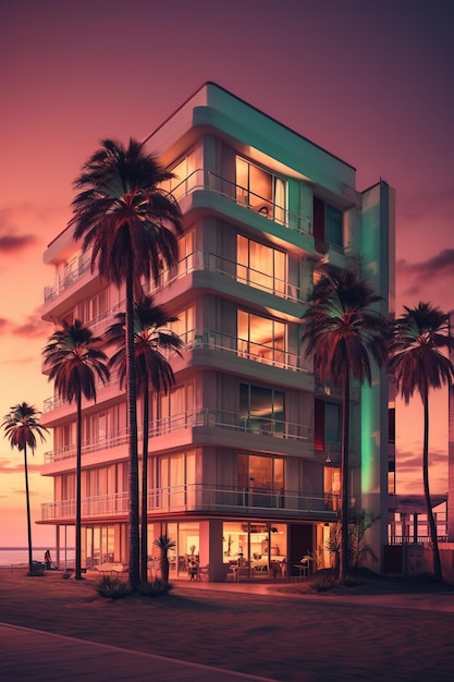 Zdjęcie budynek z balkonem i palmami z boku