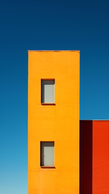 budynek z dwoma oknami i czerwonym i żółtym budynkiem