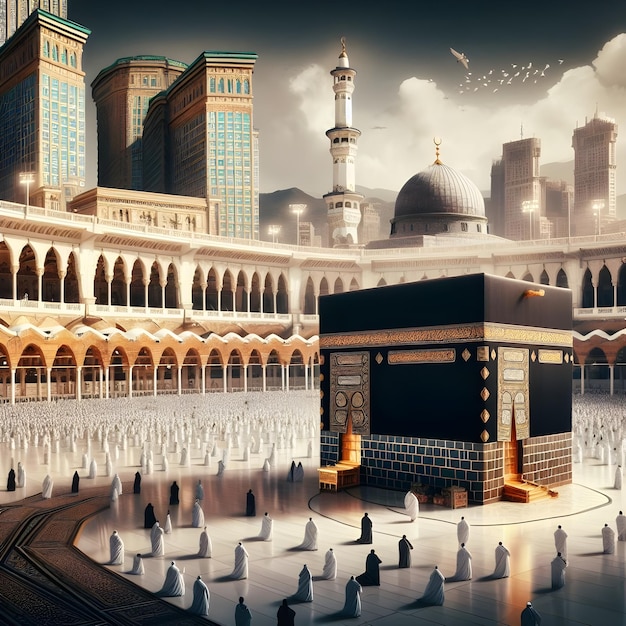 Budynek z kwadratem z napisem meczet alharam kabah