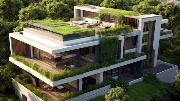 Budynek z płaskim dachem i doskonale zagospodarowanymi terenami zielonymi generowanymi przez sztuczną inteligencję