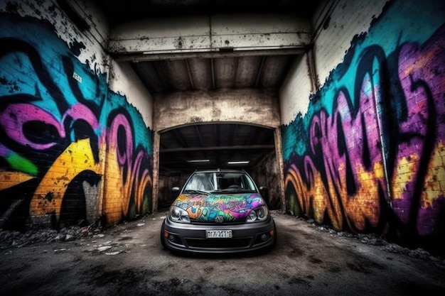 Budynek ze ścianami i samochodem pokrytym kolorowym graffiti stworzonym przy użyciu technologii generatywnej AI