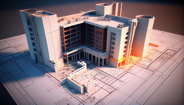 Budynki 3D wyłaniające się z rysunków architektonicznych Koncepcja marzeń i ambicji architektonicznych Uwolnij swoją wyobraźnię Generacyjna sztuczna inteligencja