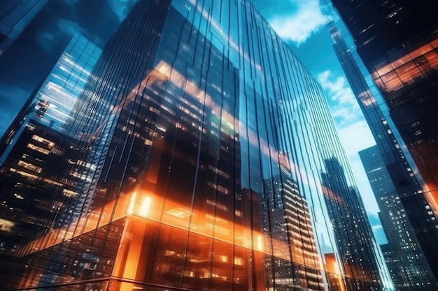 Budynki biurowe w dzielnicy finansowej z lampkami nocnymi i niebem odbitym na nowoczesnych szklanych ścianach drapaczy chmur Generative AI