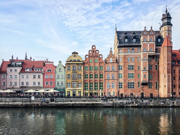 Budynki nad rzeką w mieście na tle nieba.