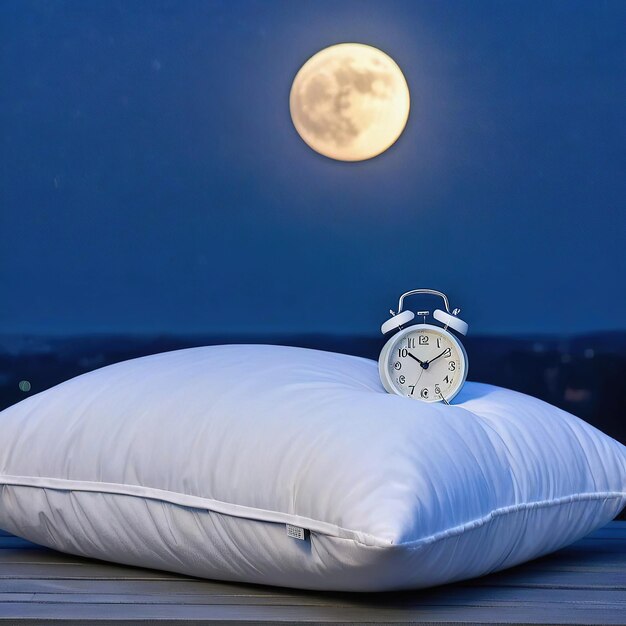 Zdjęcie budzik i poduszka na stole z pięknym tłem nocnego nieba