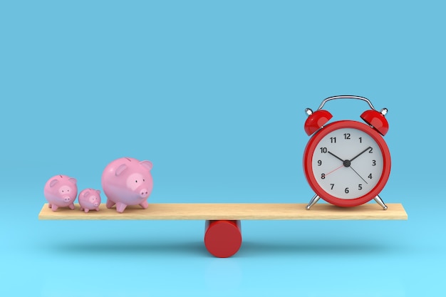 Budzik i świnka balansująca na huśtawce. Czas to pojęcie pieniądza. ilustracja 3d