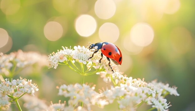 Bug ladybug na białym kwiecie letni dzień światło na niewyraźnym natu