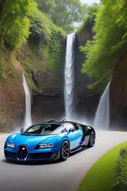 Zdjęcie bugatti full body mix kolor city tło wodospady drzewa